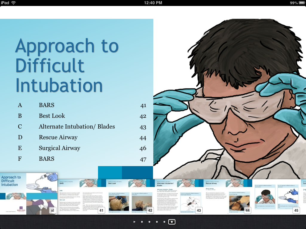 Chapter overview page of the Advanced Care Paramedicine ebook, showing the table of contents for Approach to Difficult Intubation alongside an original illustration of a paramedic performing airway management
