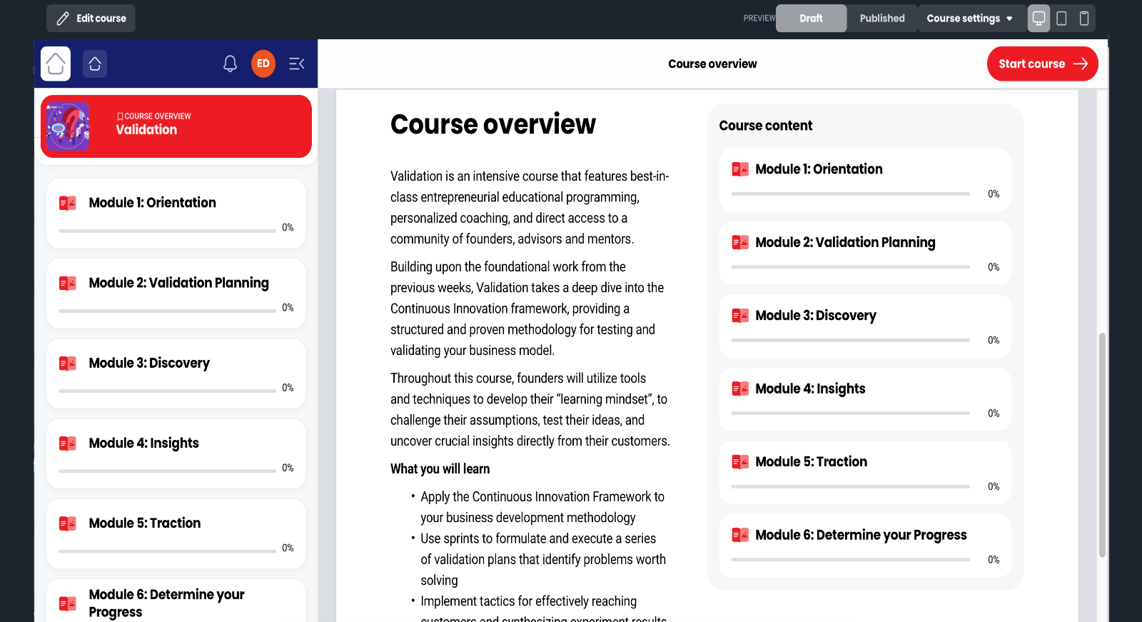 Course overview page for the Validation program in Coassemble LMS, showing six modules including Orientation, Validation Planning, Discovery, Insights, Traction, and Determine your Progress, with course description and learning outcomes